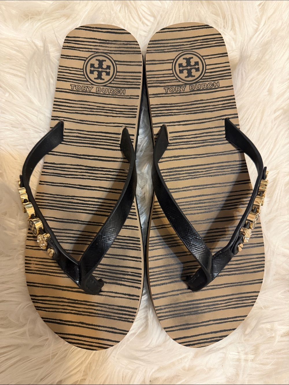 Tory Burch Black Striped Footbed Flip Flop Sandals with Gold Accents Sz 9 - Picture 3 of 14